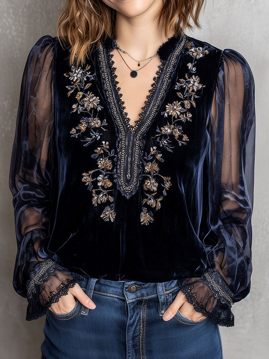 Embroidered Floral Navy Velvet Blouse With Shinning Sheer Sleeves