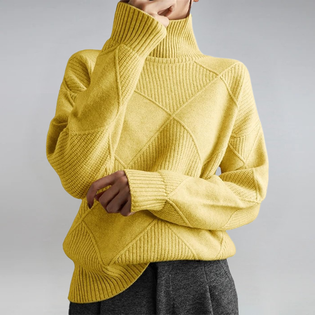 Turtleneck Long Sleeve Diamond Textured Knit Sweater