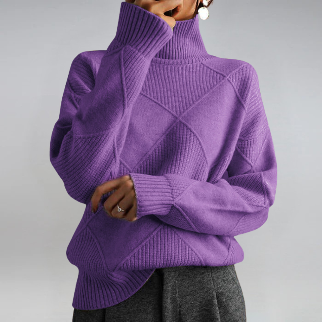 Turtleneck Long Sleeve Diamond Textured Knit Sweater