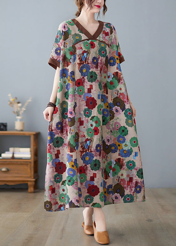Floral Print V-Neck Contrast Trim Short Sleeve Pocket Oversized Maxi Dress