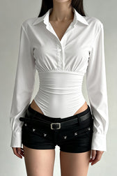 Polo Shirt Paneled Solid Slim Waist Cinching Bodysuit