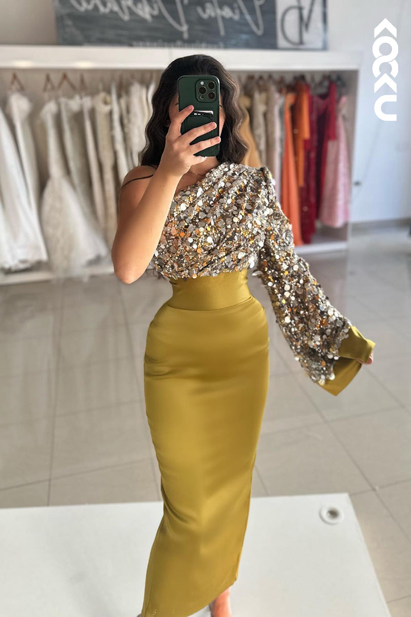 L2512 - Chic & Classic One Shoulder Sheath Long Sleeves Sequins Formal Prom Dress