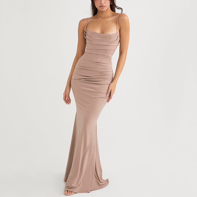 Straight Neck Spaghetti Strap Ruched Bodice Mermaid Maxi Gown 8