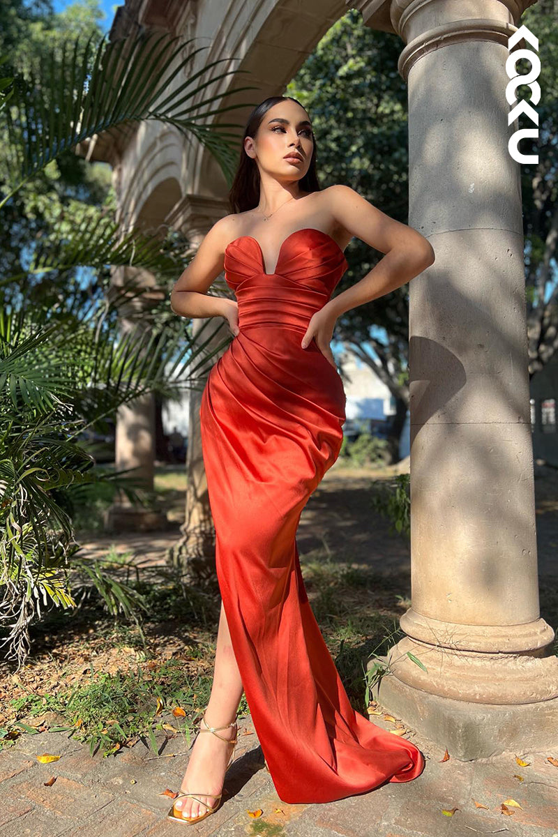 L2873 - Sheath/Column Chic Morden V-Neck Sleeveless Slit Ruched Party Prom Dress