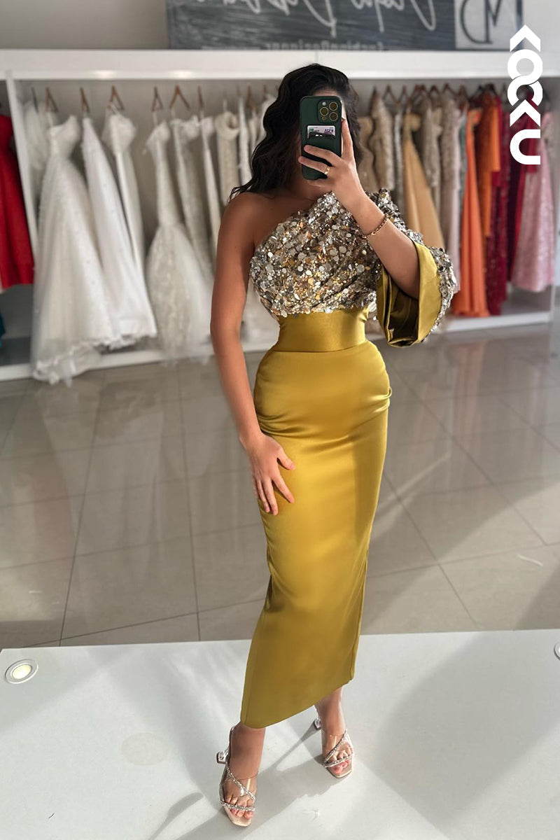 L2512 - Chic & Classic One Shoulder Sheath Long Sleeves Sequins Formal Prom Dress