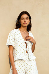 Cotton Printed Puff Sleeve Shorts Vacation Set