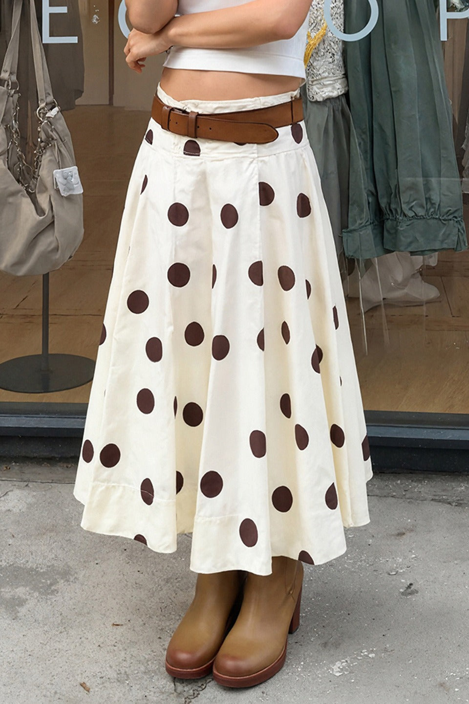 Vintage Polka Dot Flowy Long Skirt