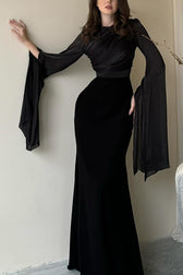 Liora Ruched Organza Satin Patchwork Long Bell Slit Maxi Dress - View 22
