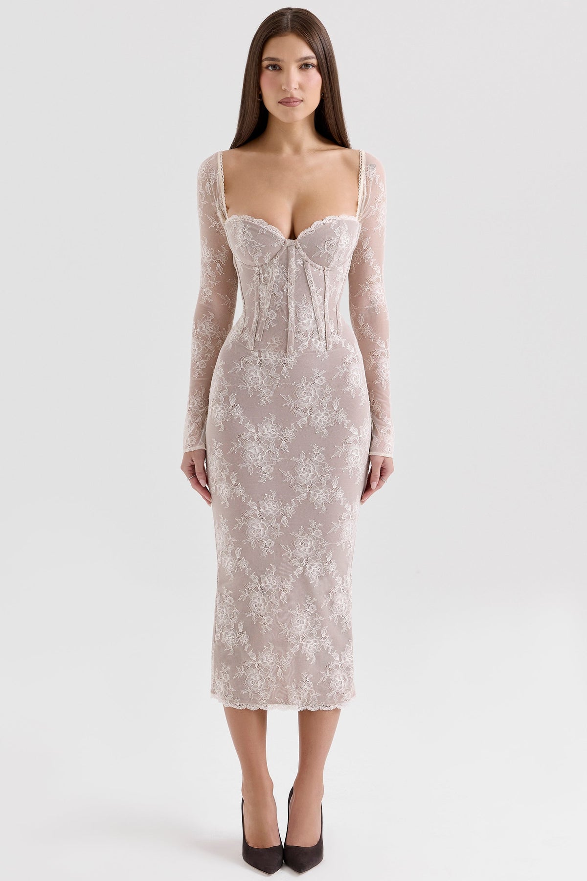 Floral Lace Corset Bodice Sweetheart Long Sleeve Midi Dress