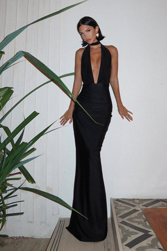 Plunge Halter Neck Ruched High Split Maxi Dress