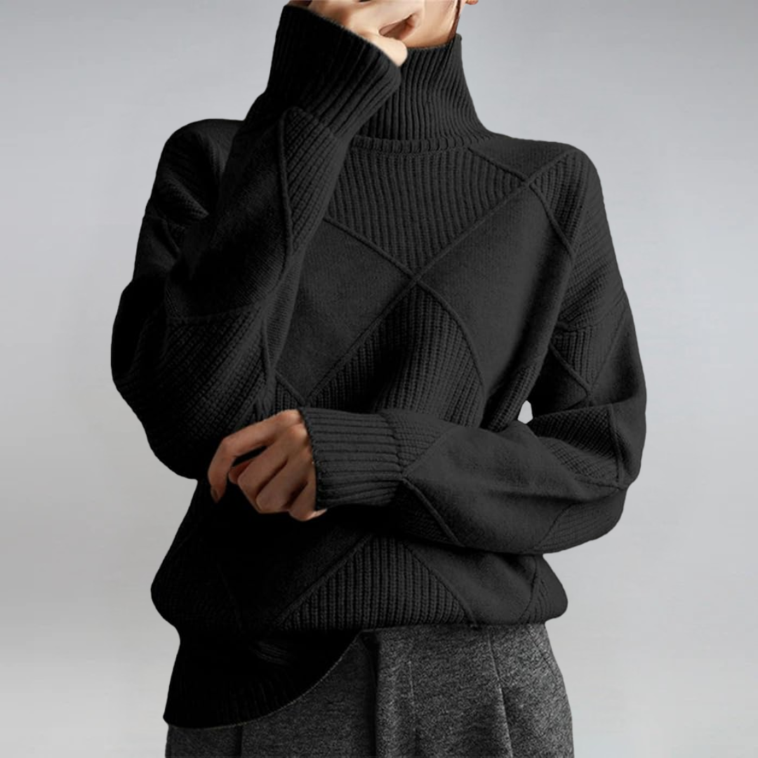 Turtleneck Long Sleeve Diamond Textured Knit Sweater