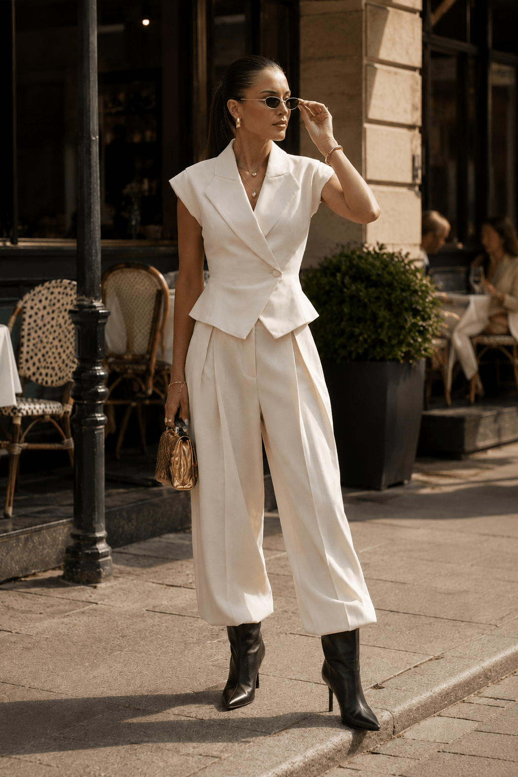 Cinched Sleeveless Vest High Waist Wide Leg Work Set