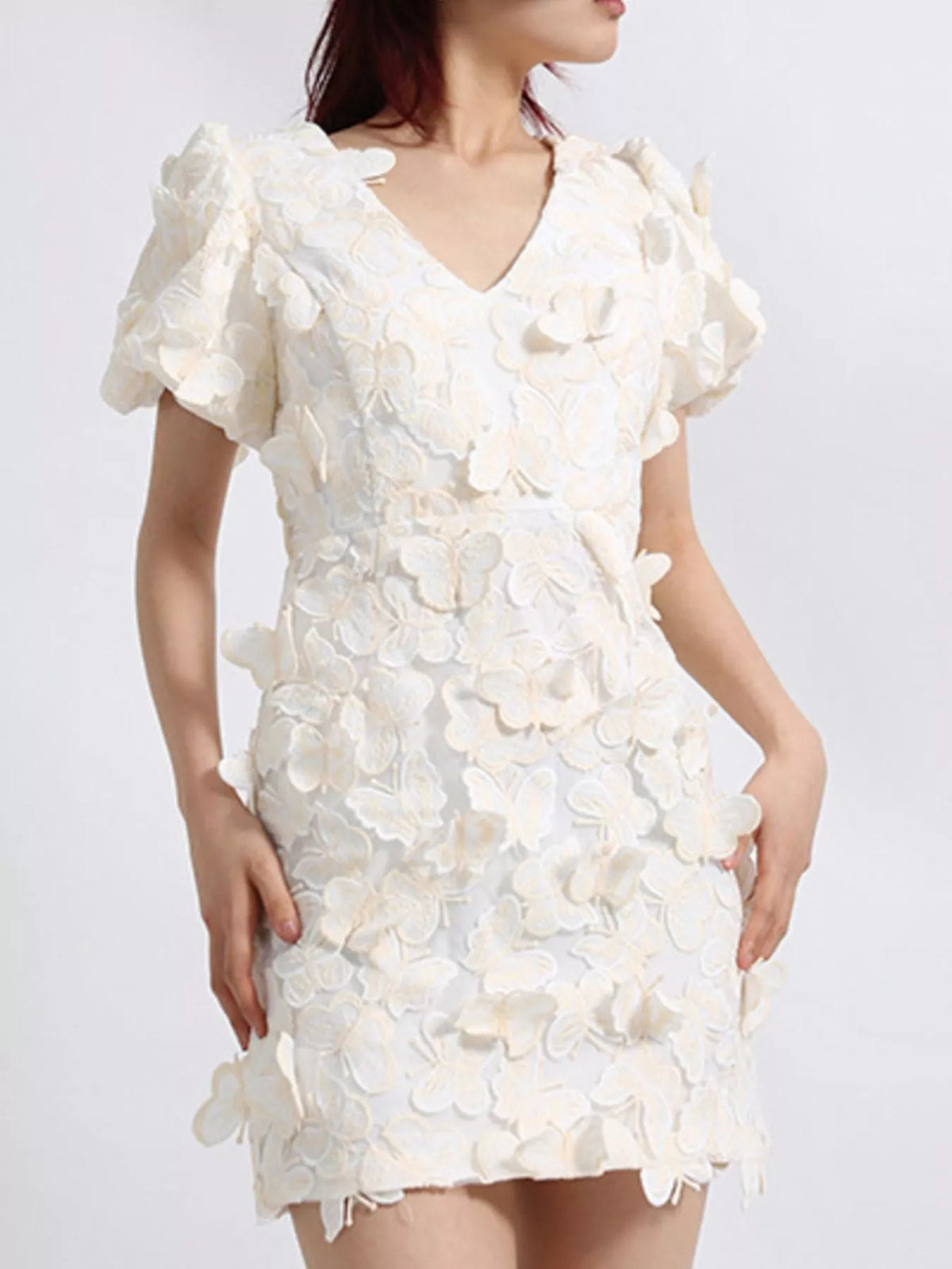 3D Butterfly Appliqué V-Neck Puff Sleeve Bodycon Mini Dress 4