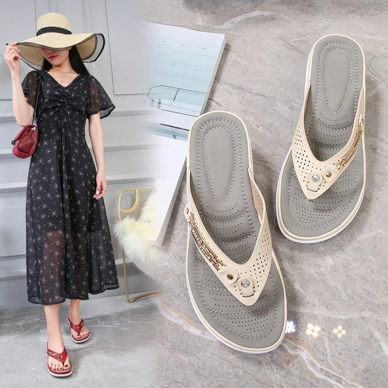 Thong Toe Post Metal Trim Wedge Sandals