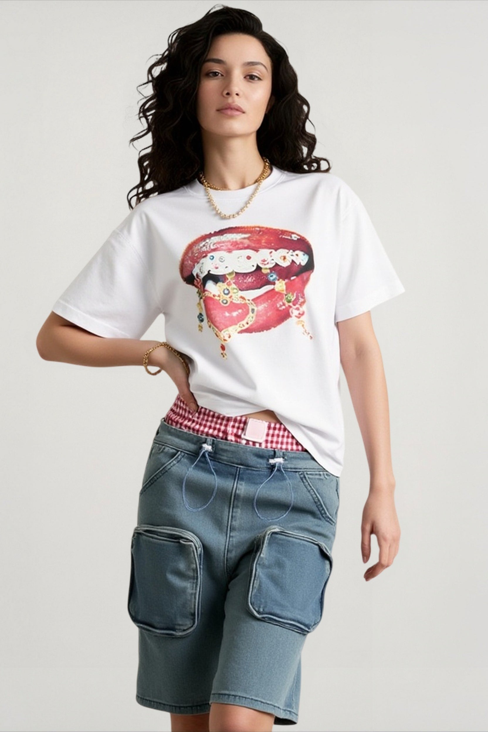 Lips Print Colorblock Top
