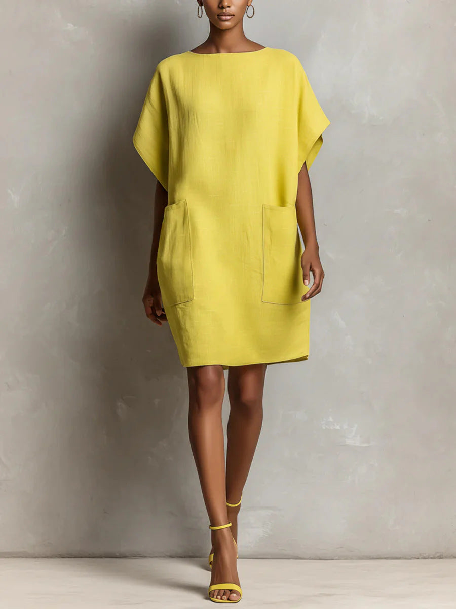 Boat Neck Batwing Sleeve Pocket Shift Mini Dress 6