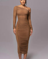 Diagonal Collar Draped Mesh Maxi Dress 2