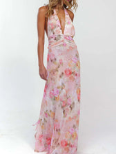 Floral Halter Neck Deep V-Neck Ruched Maxi Dress 2