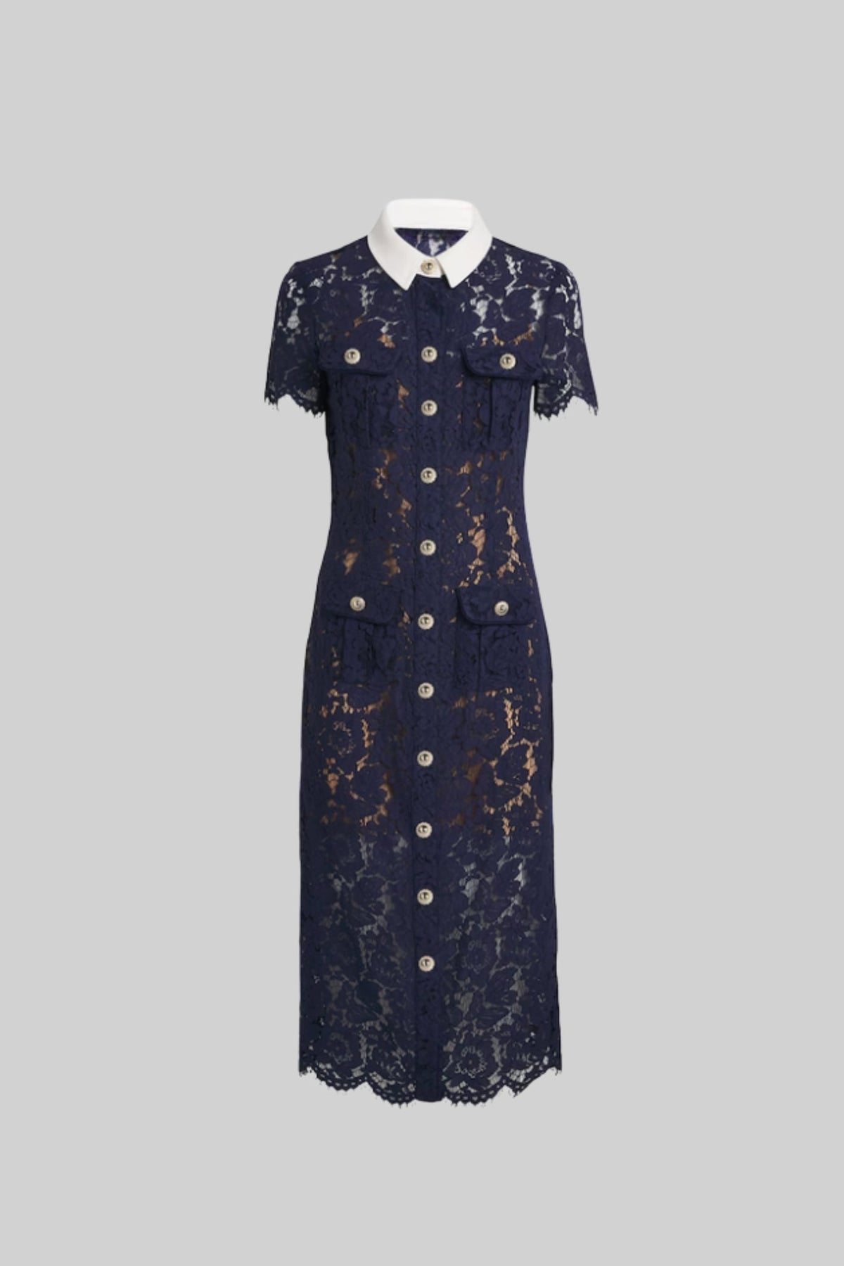 Floral Lace Contrast Collar Short Sleeve Belted Button Front Midi Dress 3