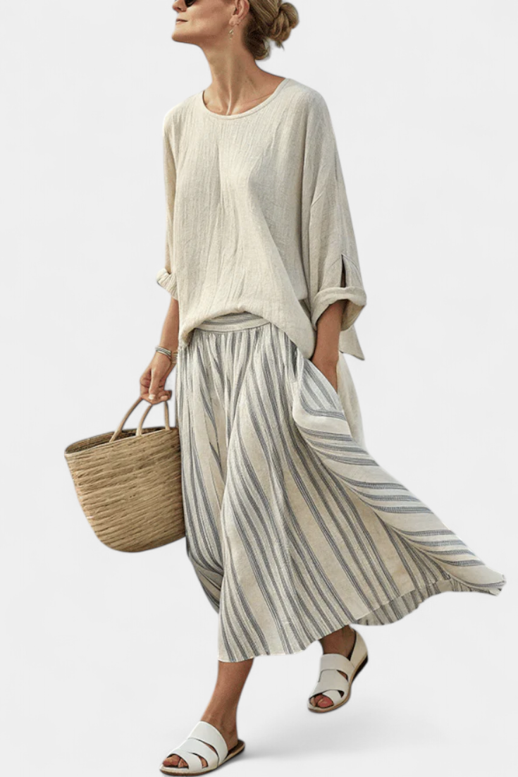 Round Neck Boxy Top and Striped Midi Skirt Two Piece Set