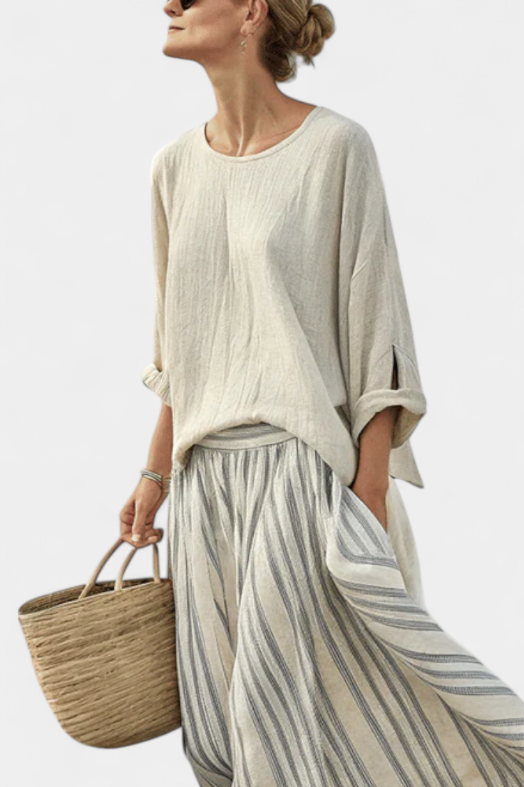 Round Neck Boxy Top and Striped Midi Skirt Two Piece Set