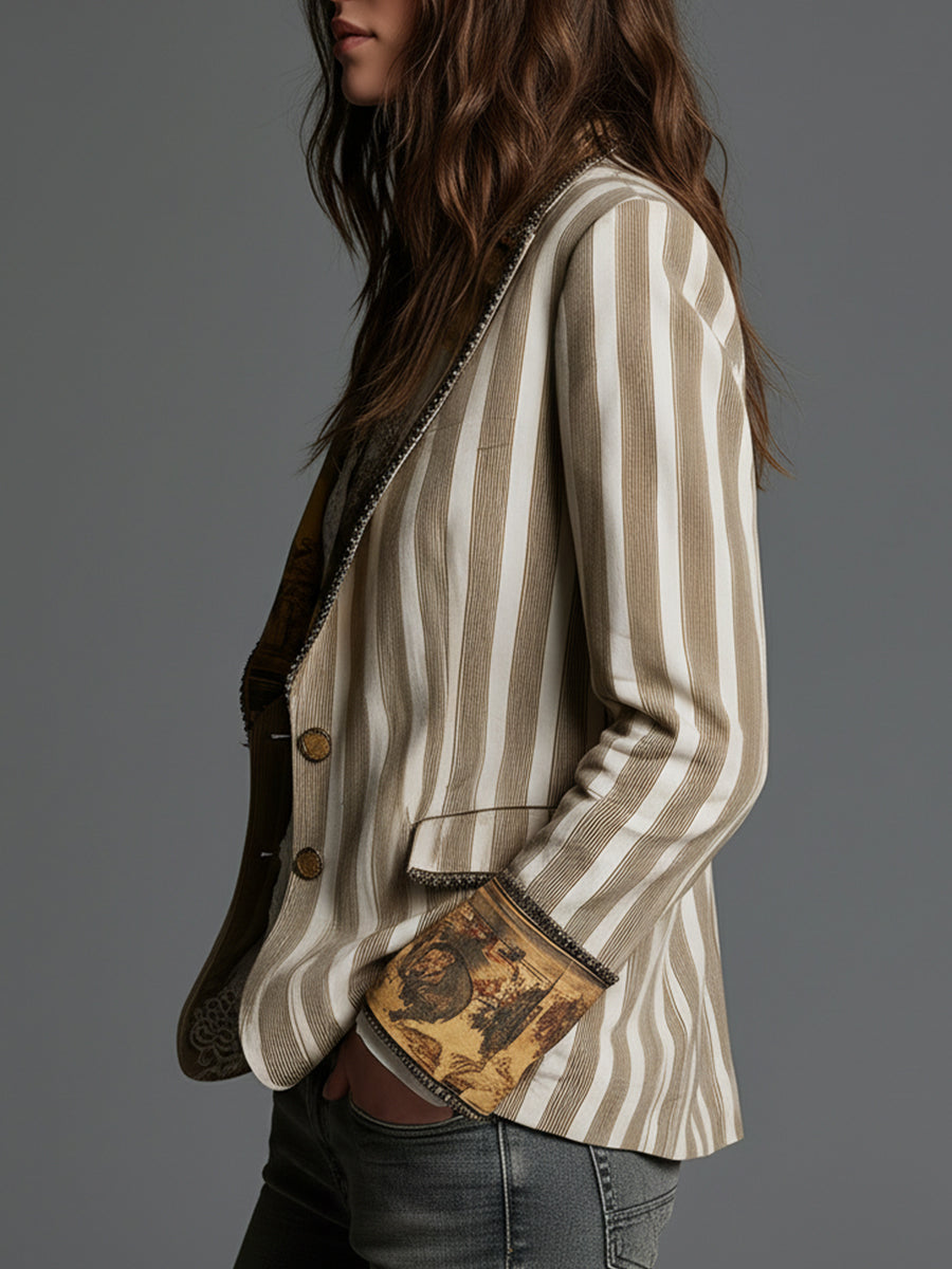 Striped Contrast Lapel Single Breasted Blazer