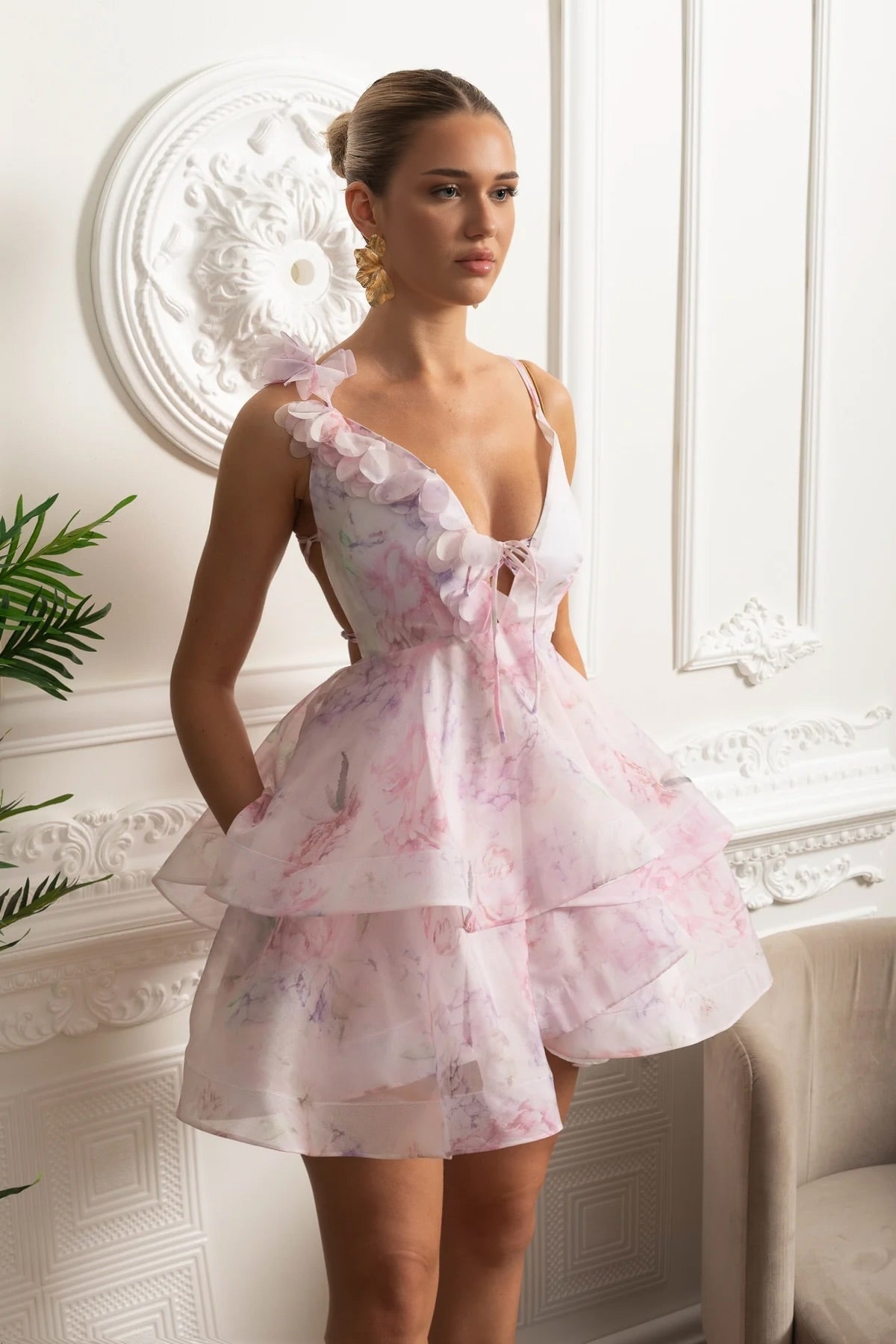 Floral Organza Ruffle V-Neck Lace Up Front Tiered Mini Dress 4