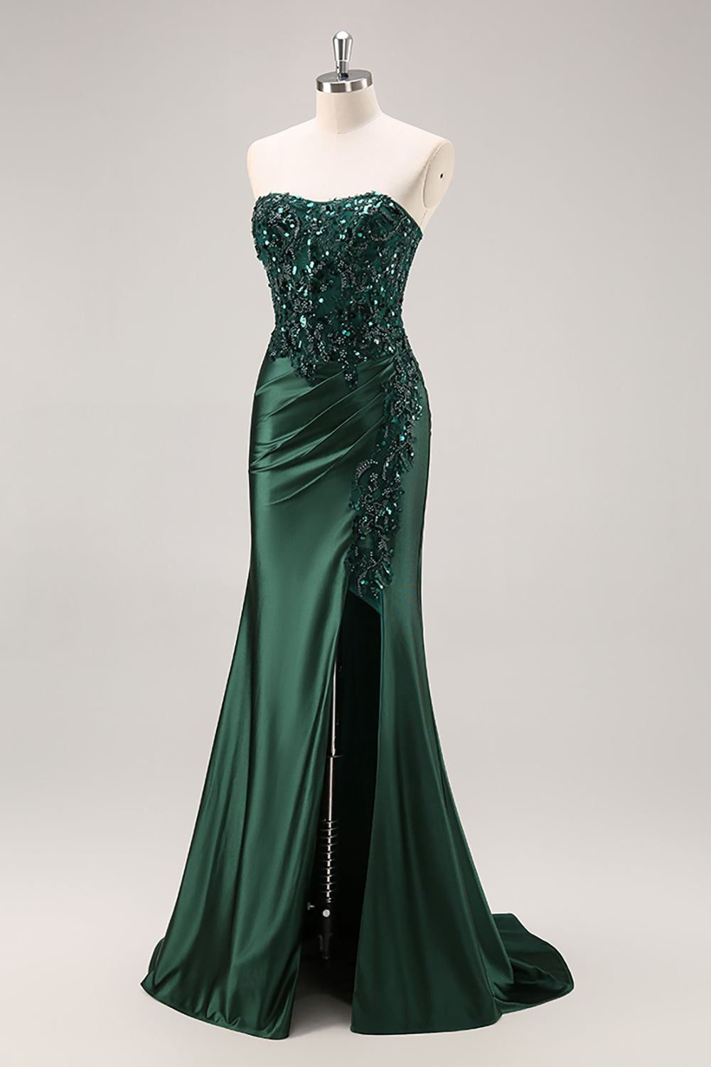 Mermaid Burgundy Strapless Sequin Long Prom Dress with Beading