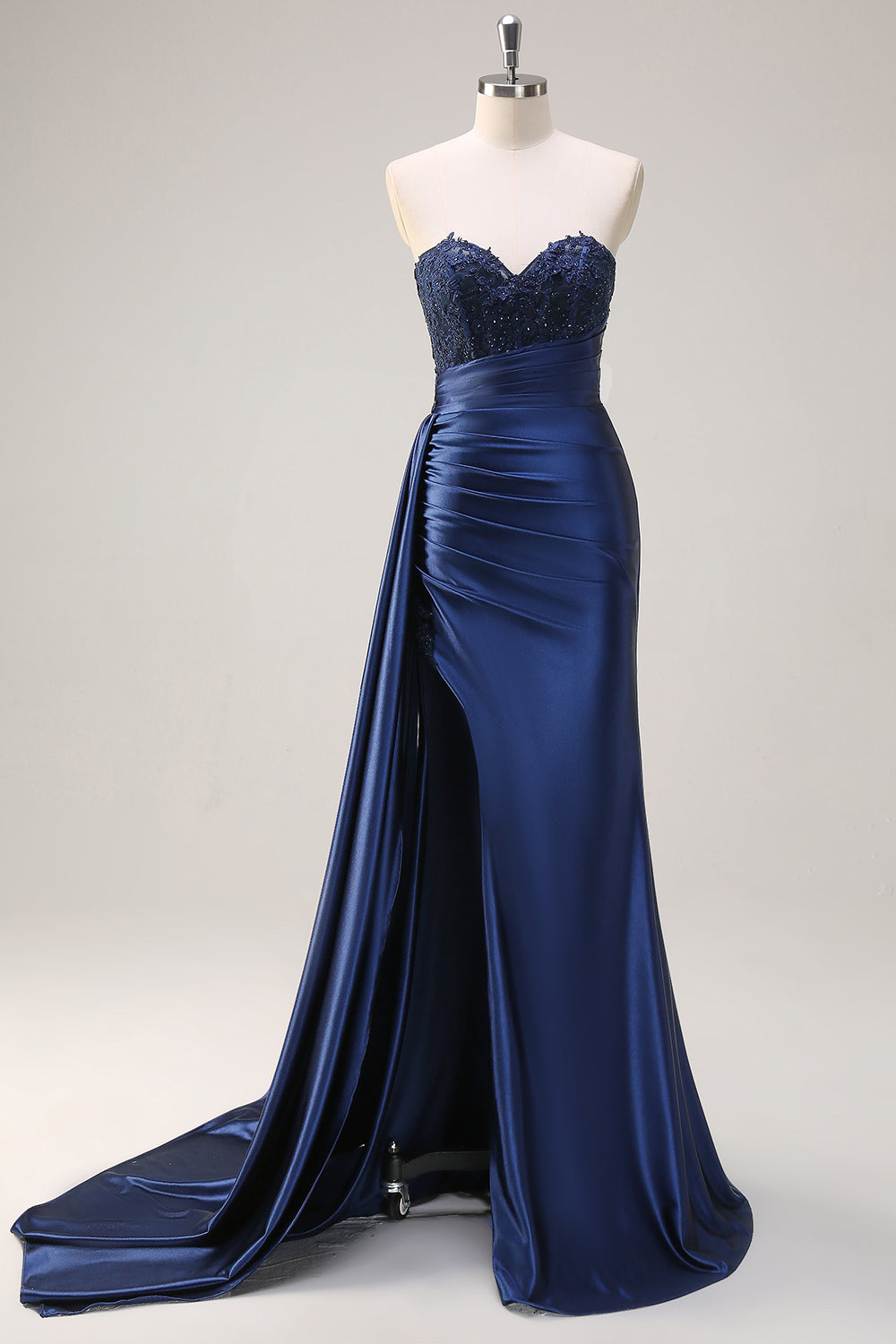Navy Blue Mermaid Strapless Side Streamer Ruched Corset Long Prom Dress With Slit