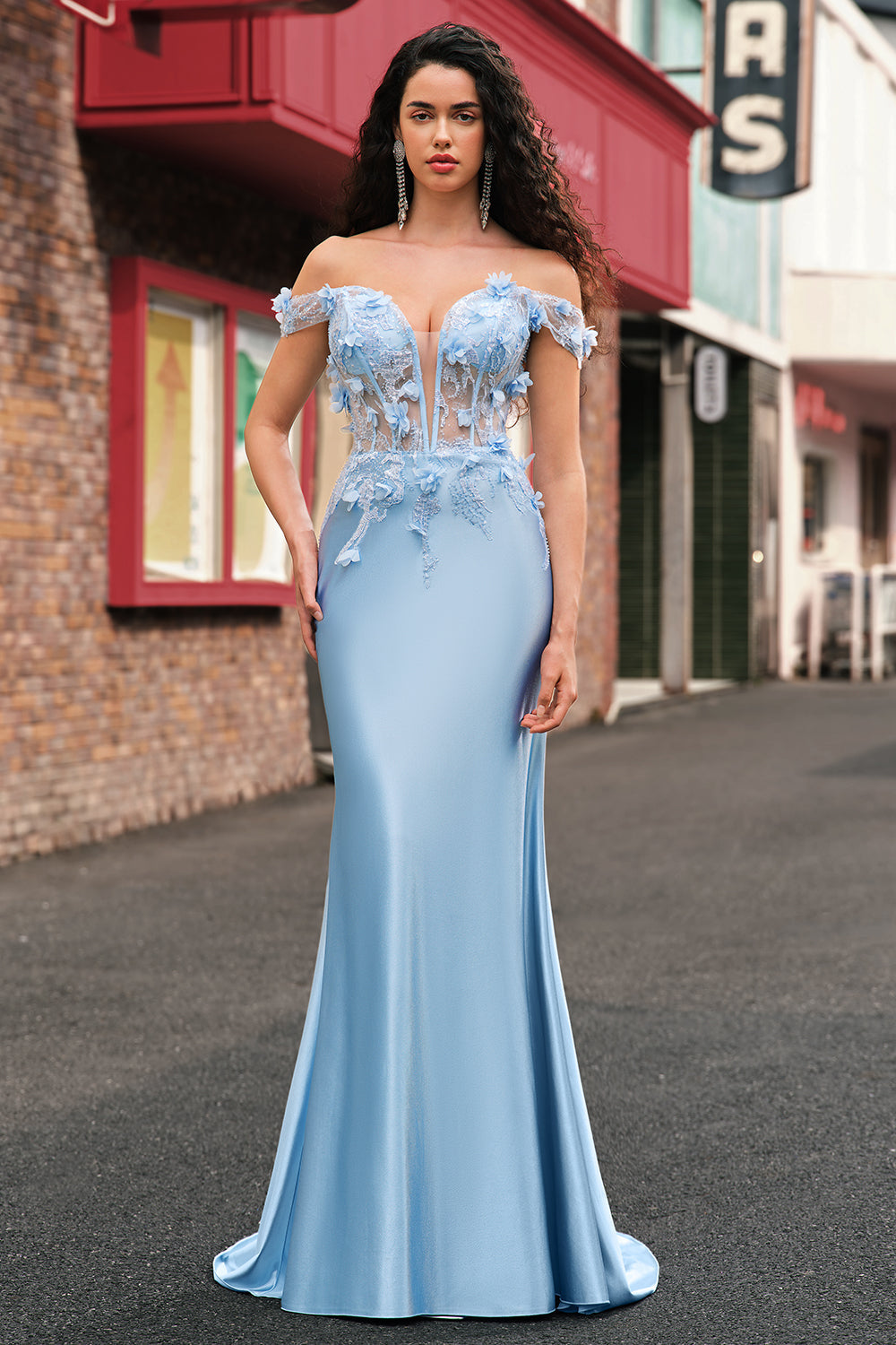 Sky Blue Off The Shoulder Mermaid Corset Floral Long Prom Dress with 3D Flowers