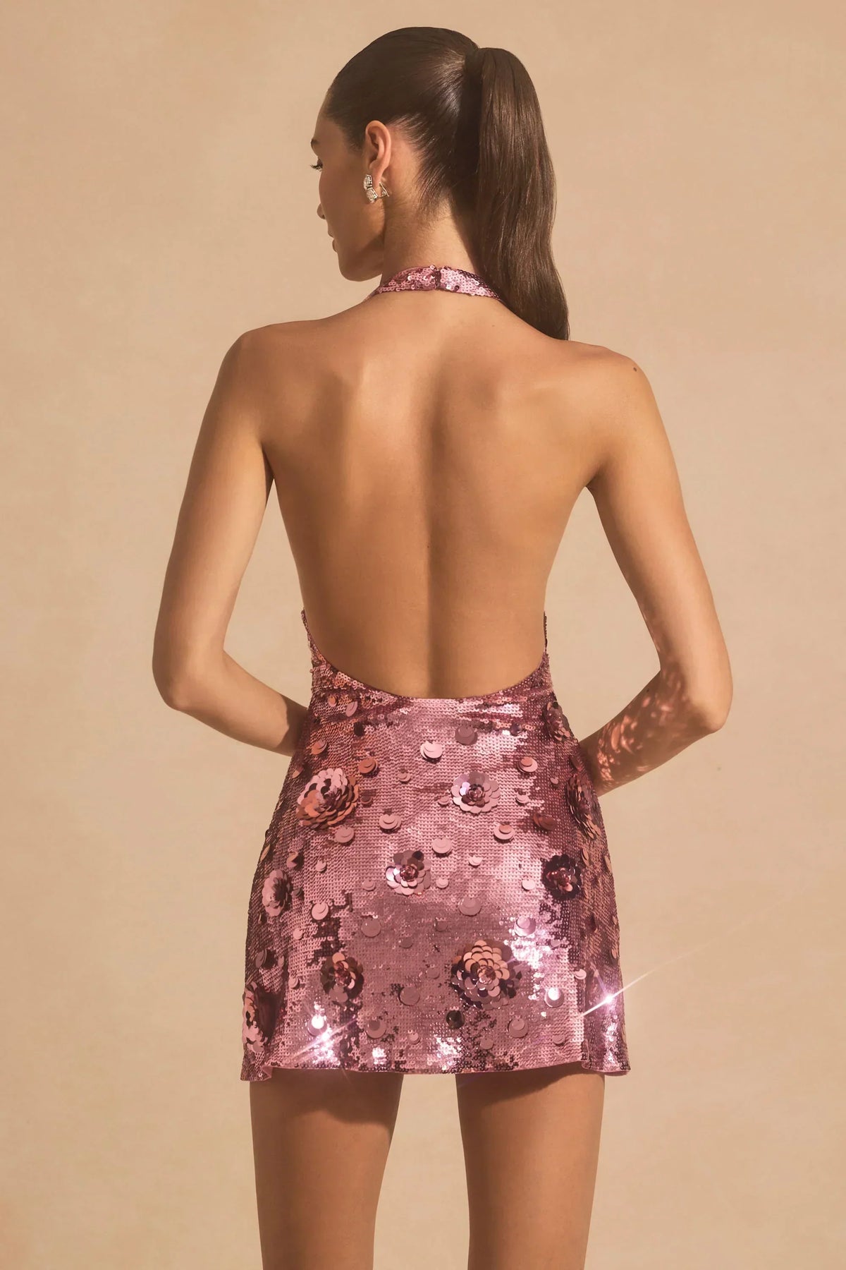 Sequin Floral Applique Halter Neck Plunge Mini Dress 6