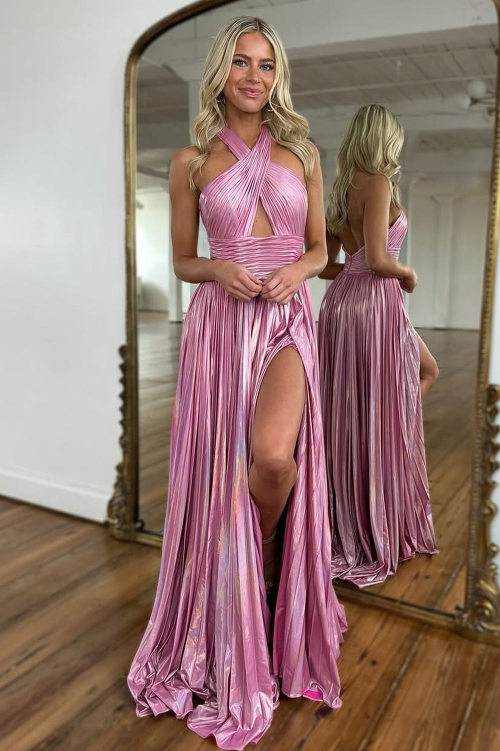 Peacock Blue Halter Neck A-Line Long Metallic Prom Dress With Slit