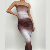 Gradient sheer mesh see through ruched tube maxi dress