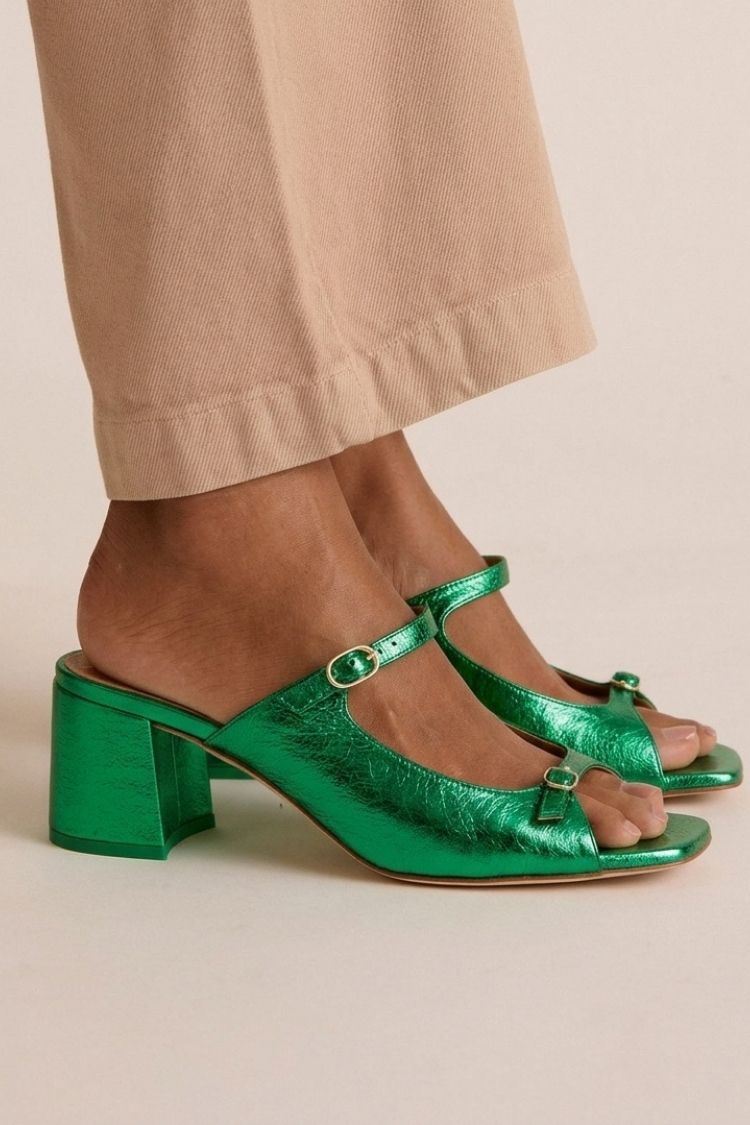 Open Toe T-Strap Contrast Block Heel Mules