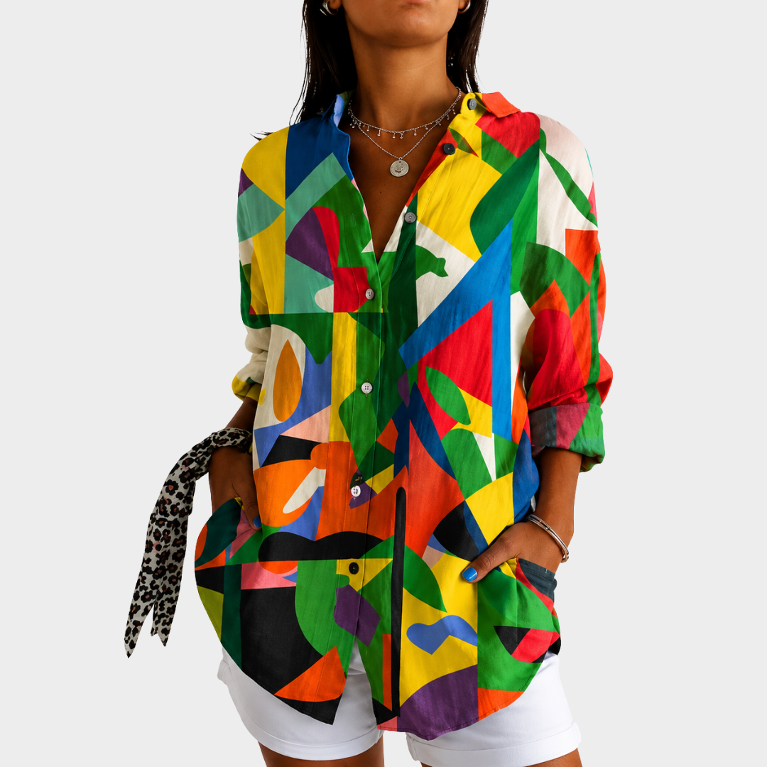 Abstract Print Collared Long Sleeve Shirt
