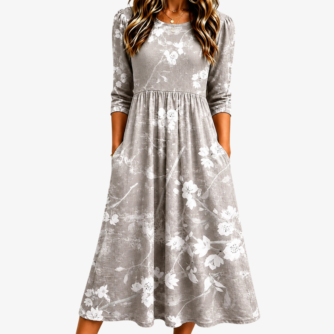 Floral Print Round Neck Long Sleeve Pocket Midi Dress
