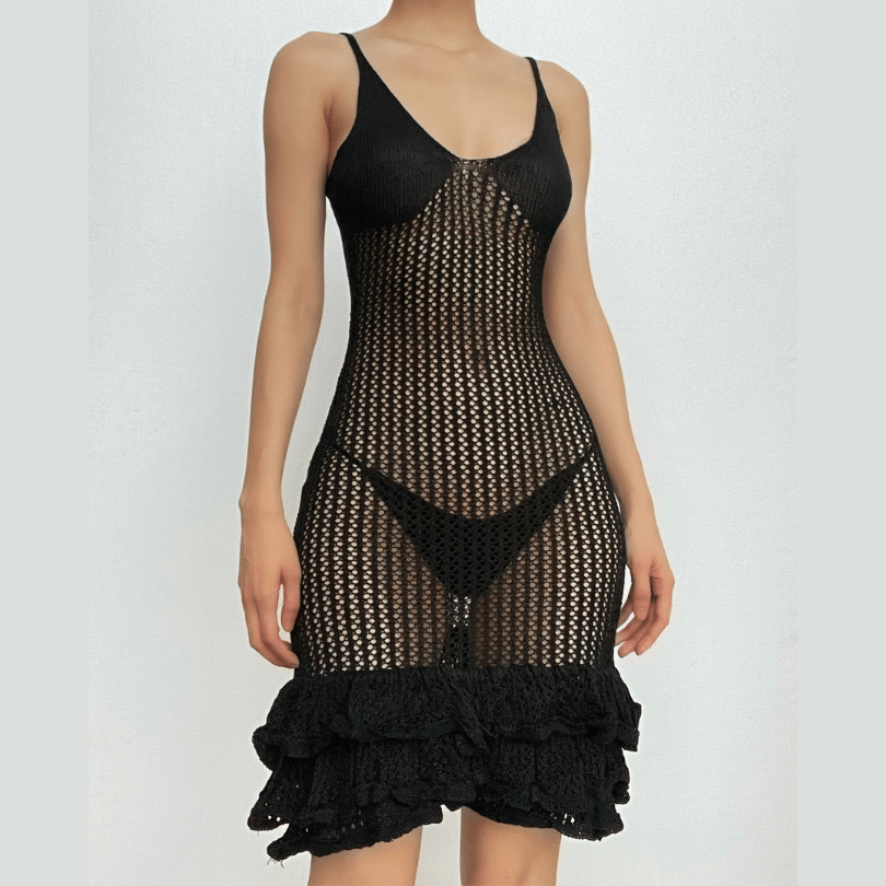 Crochet v neck sleeveless hollow out ruffle mini dress 16