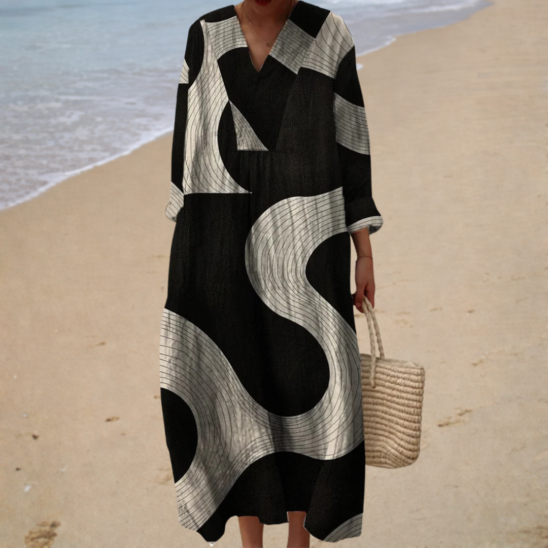 Abstract Swirl Print V-Neck Long Sleeve Oversized Maxi Dress