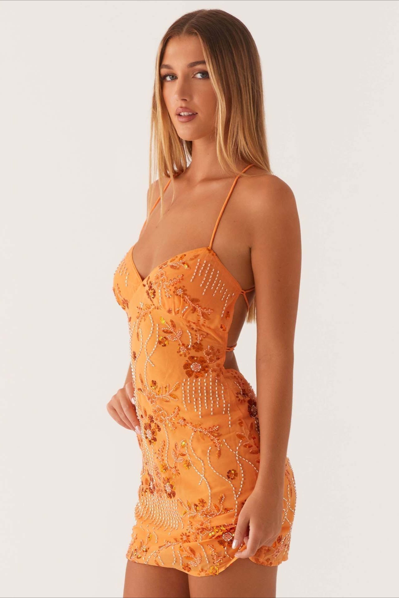 Beaded Floral Spaghetti Strap Deep V-Neck Open Back Bodycon Mini Cocktail Dress