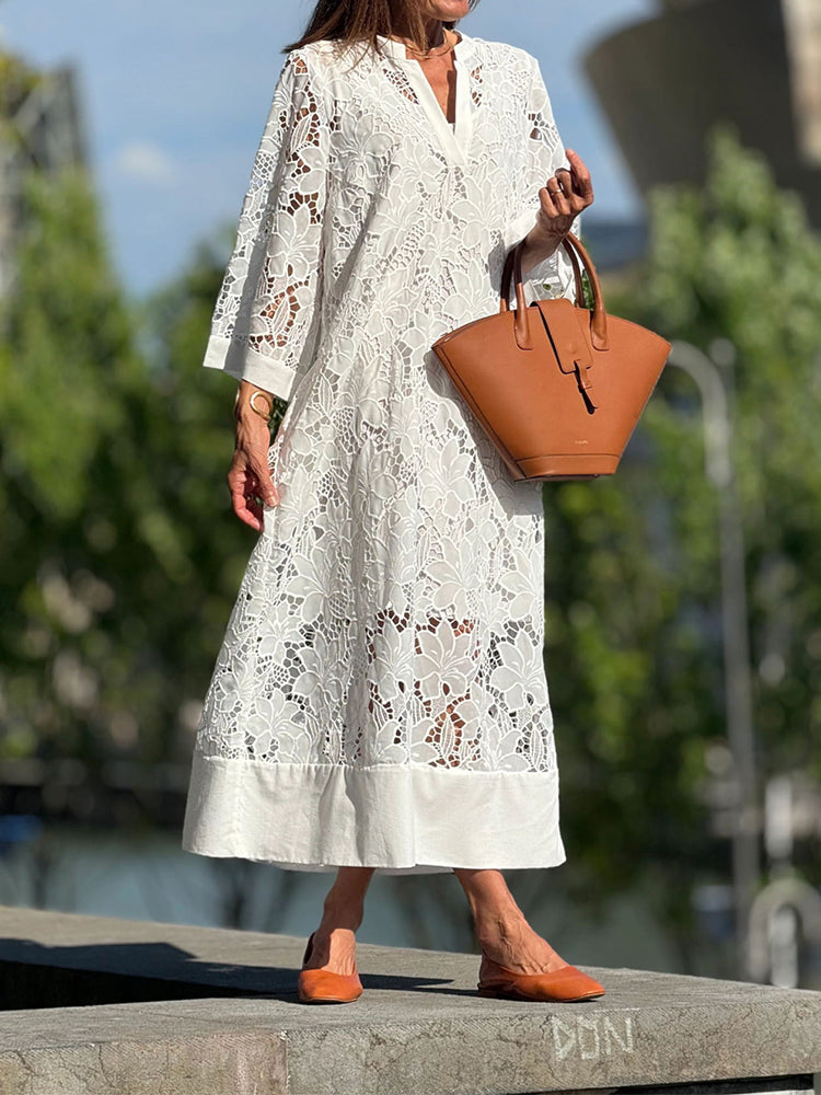 Cutwork Lace V-Neck Three Quarter Sleeve Loose Maxi Dress