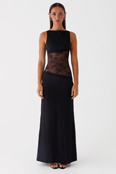 Sheer Lace Satin Panel Backless Fit Lace Dress