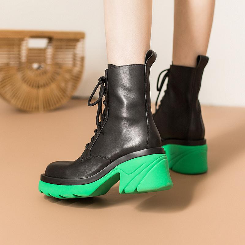 Colorful Sole Leather Boots Designer Retro Chunky Riding Boots High Heel Handmade