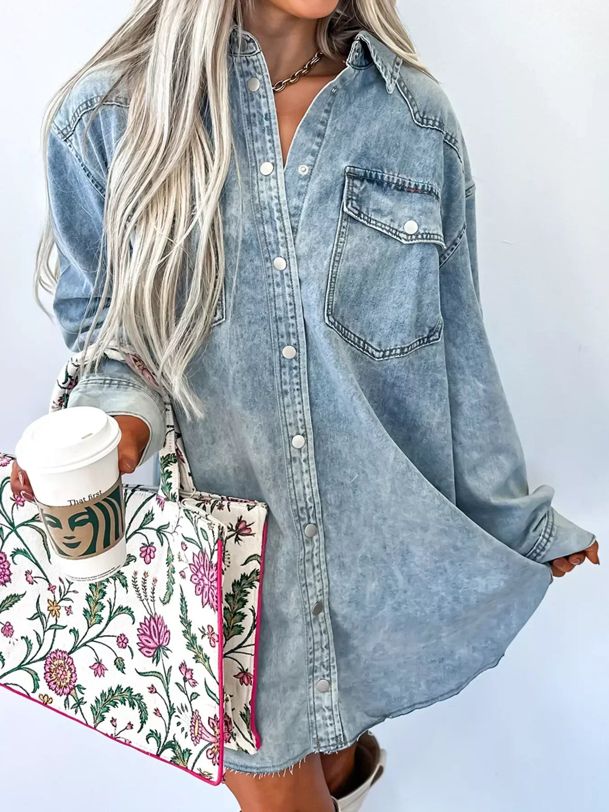 Denim-Look Snap Button Chest Pocket Raw Hem Oversized Shirt Dress