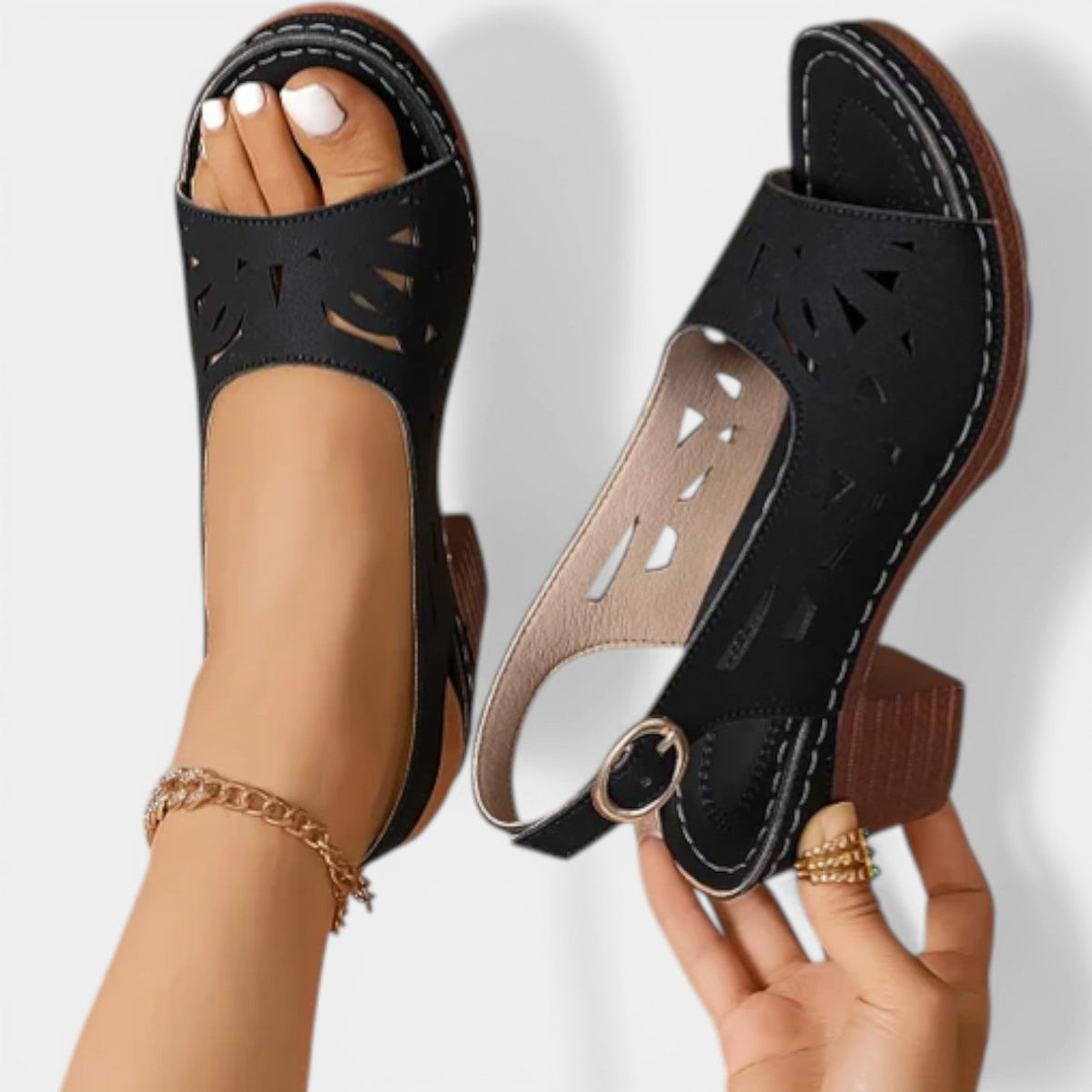 Peep Toe Laser Cut Slingback Block Heel Sandals