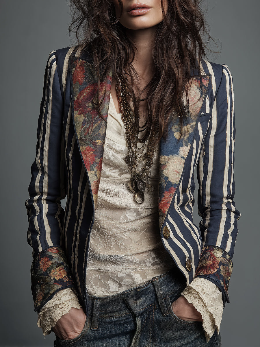 Striped Floral Panel Contrast Lapel Blazer
