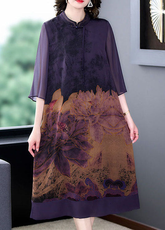 Mandarin Collar Keyhole Sheer Bell Sleeve Floral Print Midi Dress