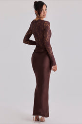 Sheer Lace Panel Ruched Satin Mermaid Maxi Lace Dress