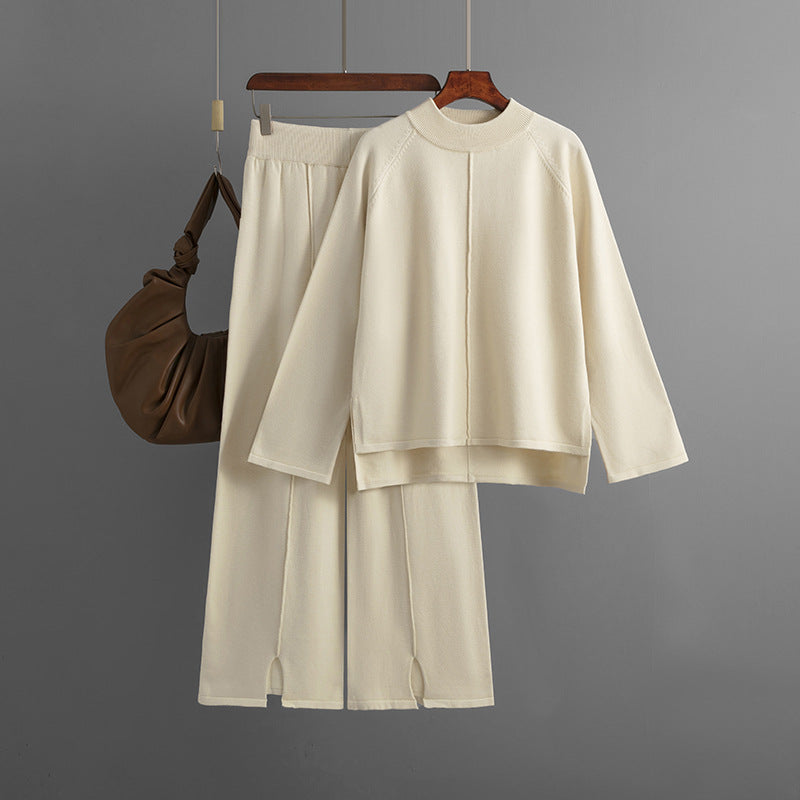 Solid color slit sweater wide-leg trousers two-piece set