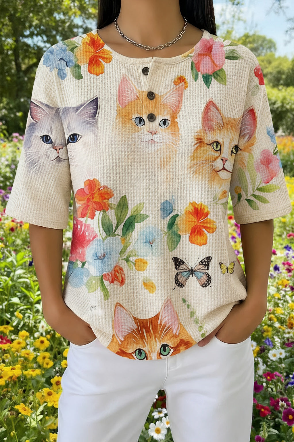 Womens Beige Autumn Leaf Cat Print Casual Shirt