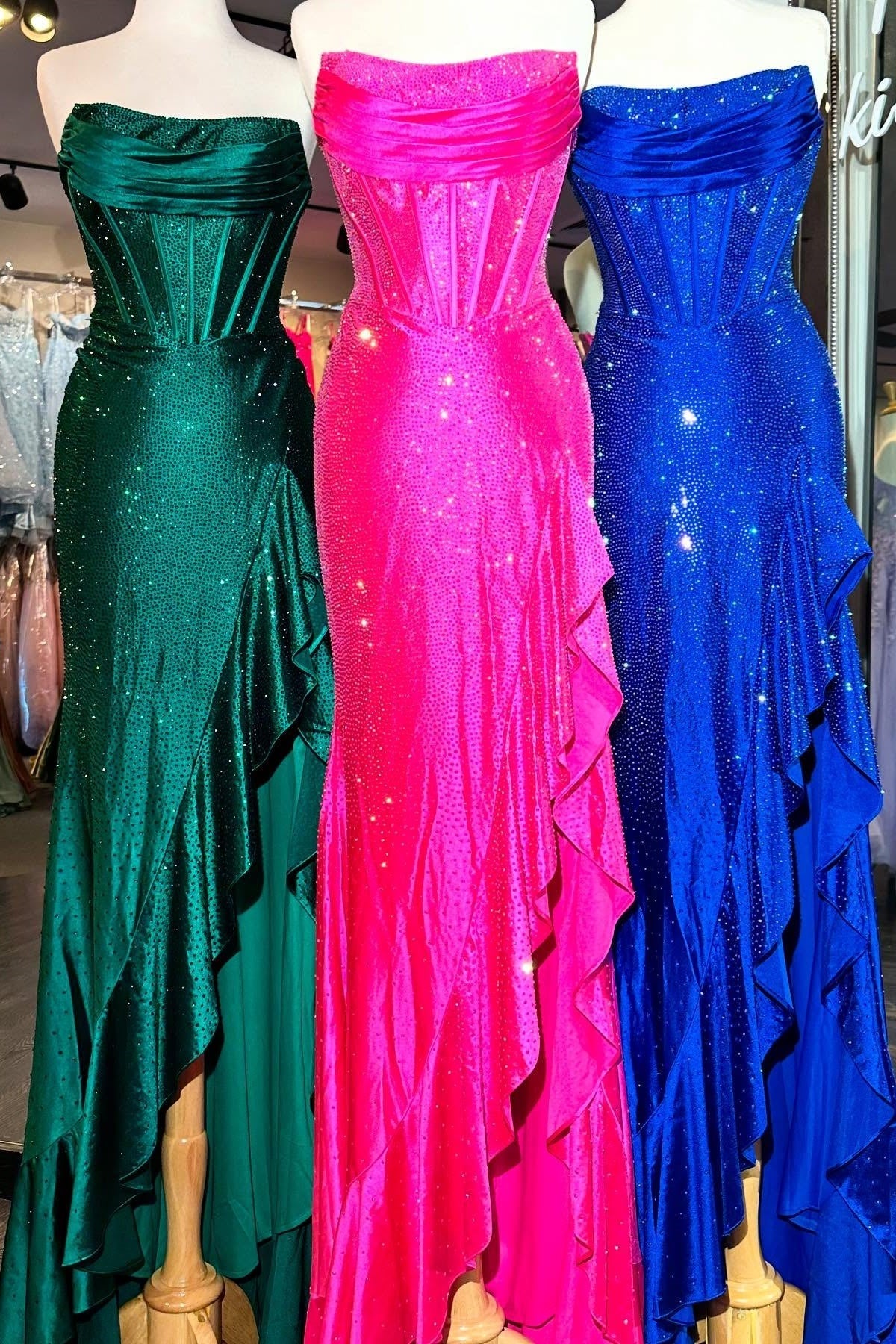 Sparkly Hot Pink Mermaid Strapless Long Beaded Prom Dress with Slit